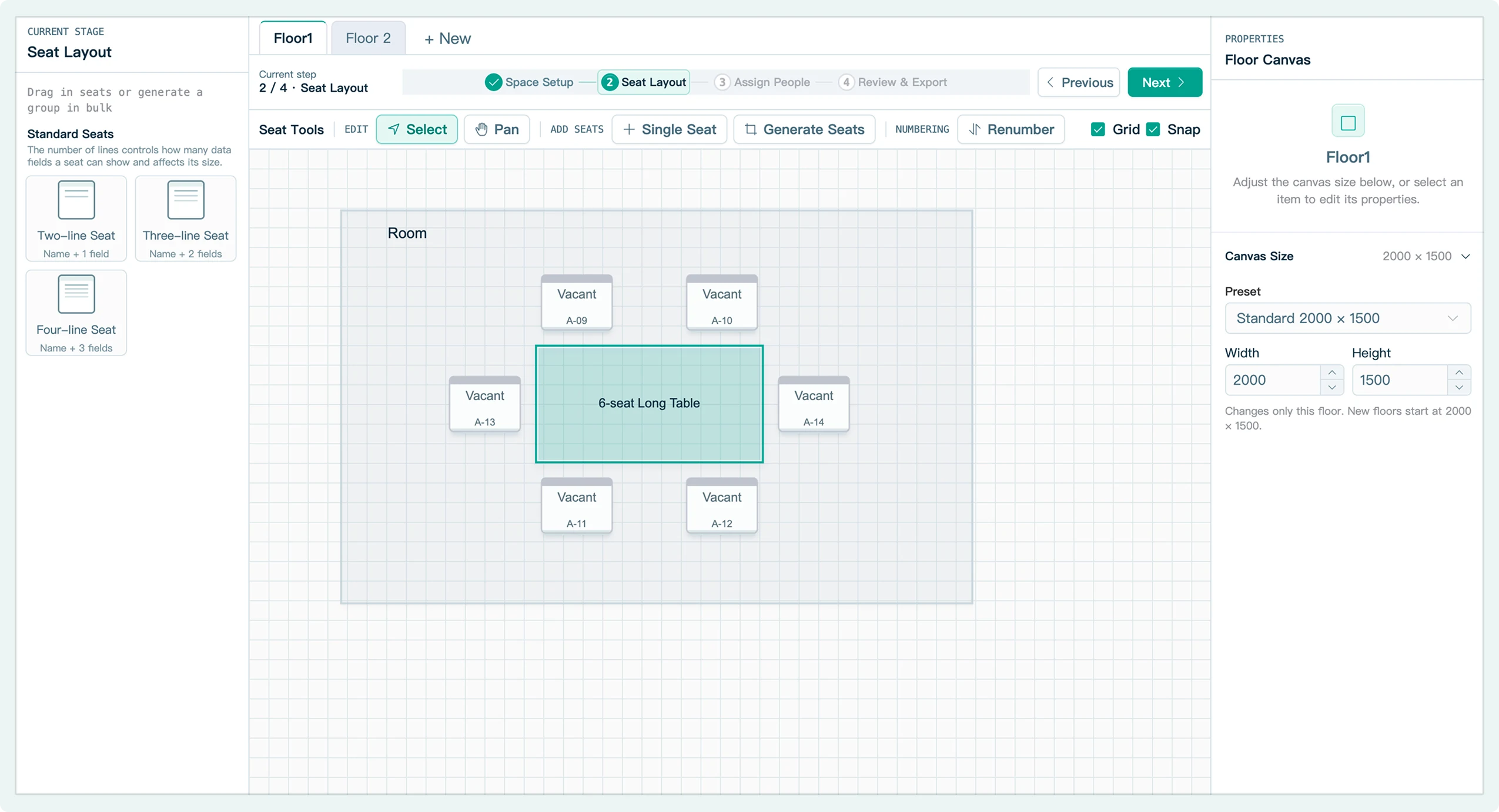SeatMaply editor showing a six-seat table and numbered seats in the seat layout stage